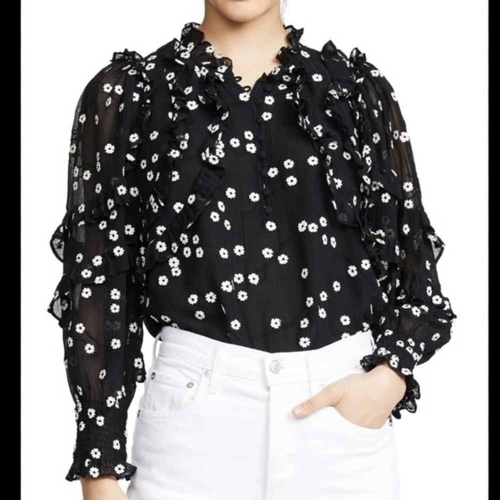 Rebecca Taylor Black and White Floral Ruffle Blouse